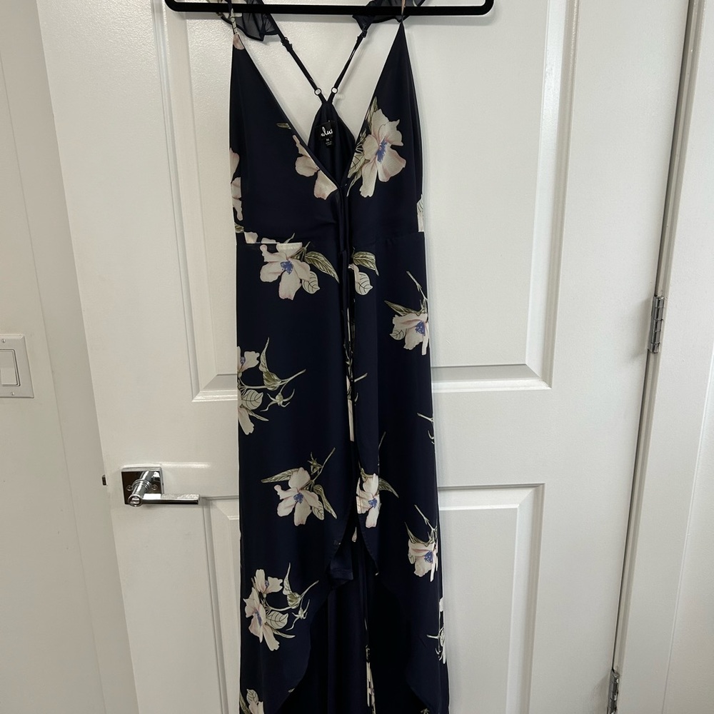 Lulus All Mine Navy Blue Floral Print High-Low Wrap Dress